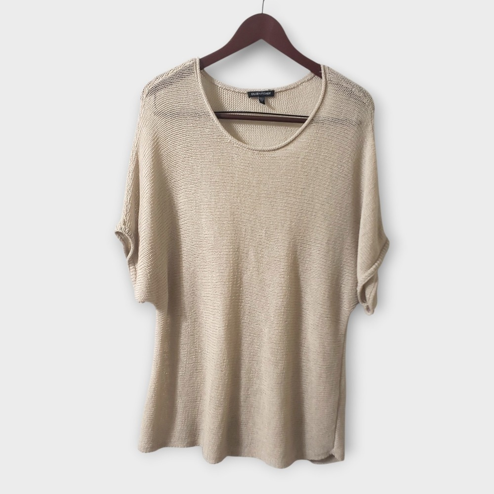 Eileen Fisher 100% Wool Open Knit Short Sleeve Dolman Sweater Top Tan Medium
